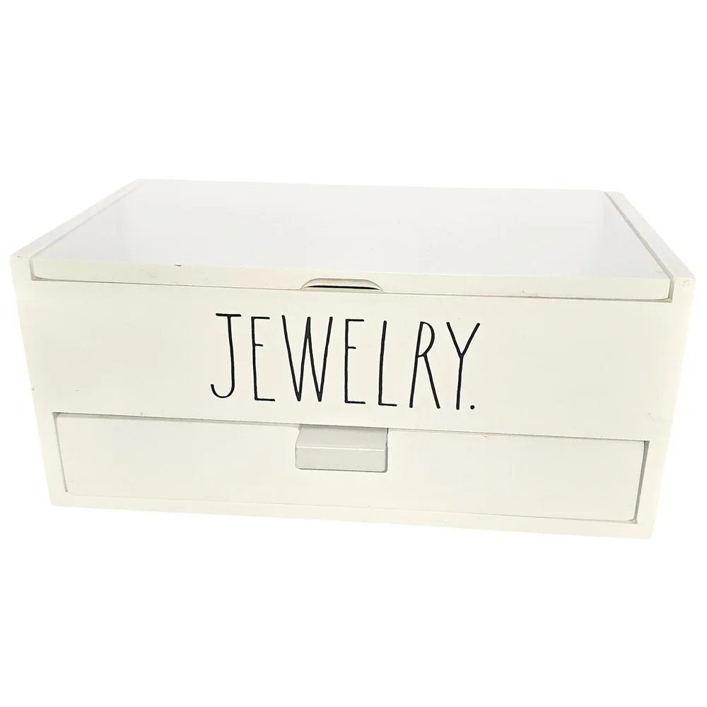 Rae Dunn White Wooden Jewelry Box Organizer with Mirror & Drawer Farmhouse Style